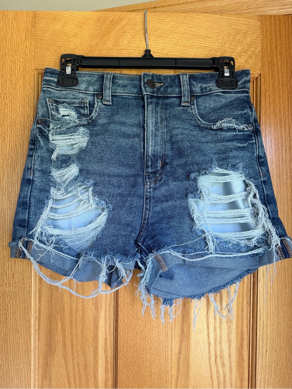 American Eagle Distressed Mom Shorts Ripped Blue Denim Stretch Size 2 Grunge